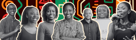 Photos of 7 Black entrepreneurs on African print background