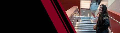Black and red with image of MBET alumn Emma on stairs