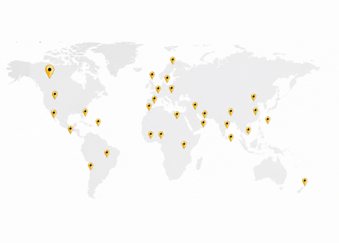 map of the world with location pins showing where MBET alumni are located.