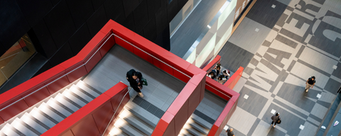 Pearl Sullivan Engineering (formely E7) red stairs areial view. 