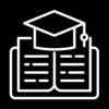 Icon of book and graduate cap, academic, white on black
