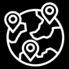 Icon of global with location pins, white on black