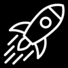 Icon of rocket launching, white on black