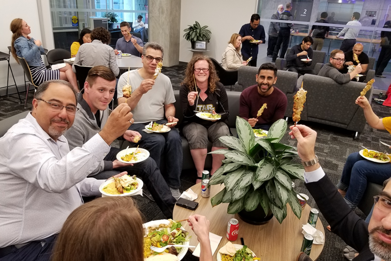 MBET students enjoying some lunch in the Conrad School Hub.