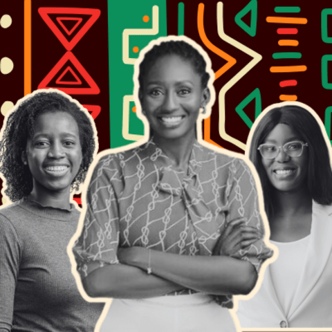 The Black female student entrepreneurs standing in front of African print art