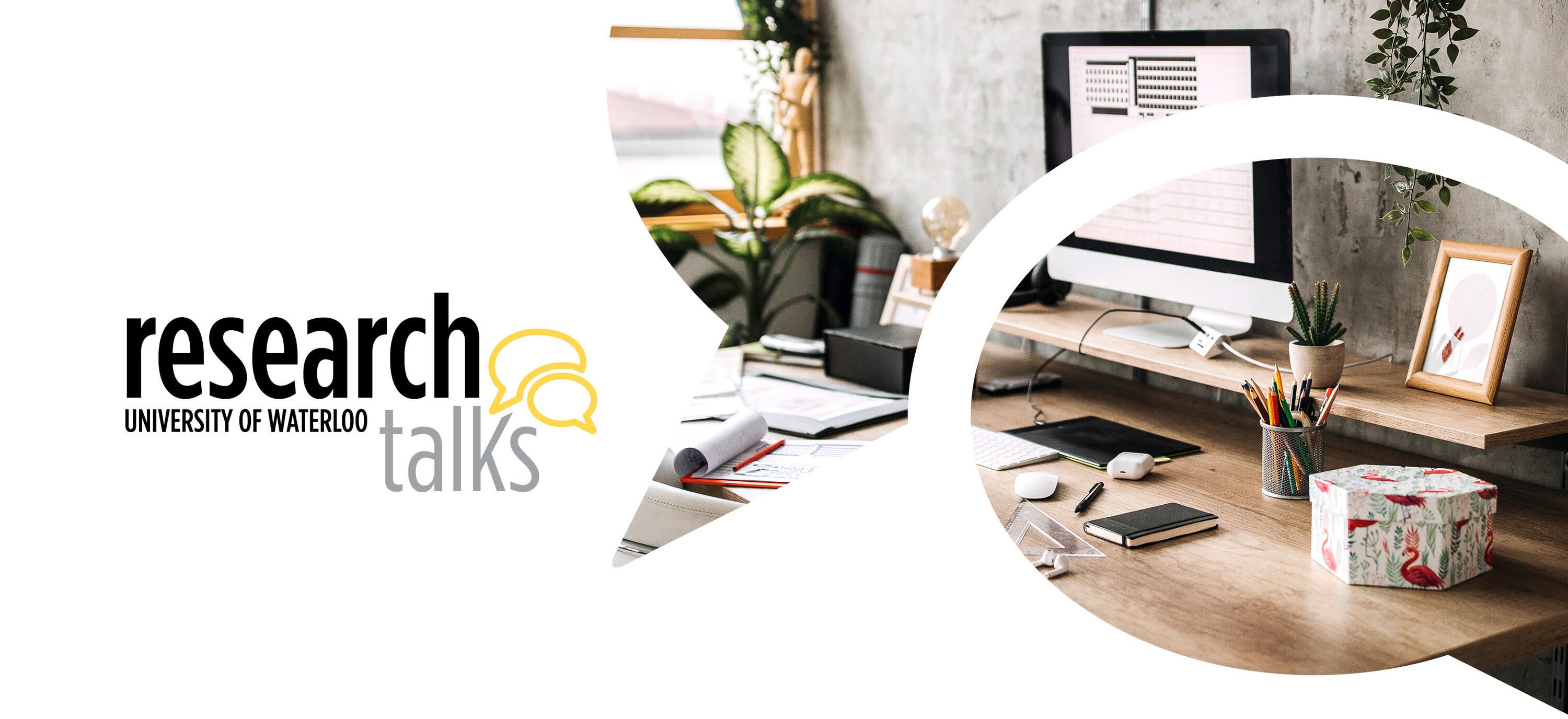 desk with research talks logo overlay