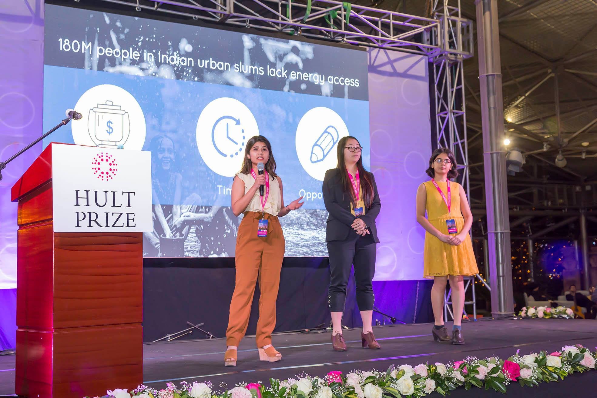 Shruti Appiah, Jingwen Cui, and Spurrya Jaggi at the Hult Prize Regional in Quito, Ecuador.