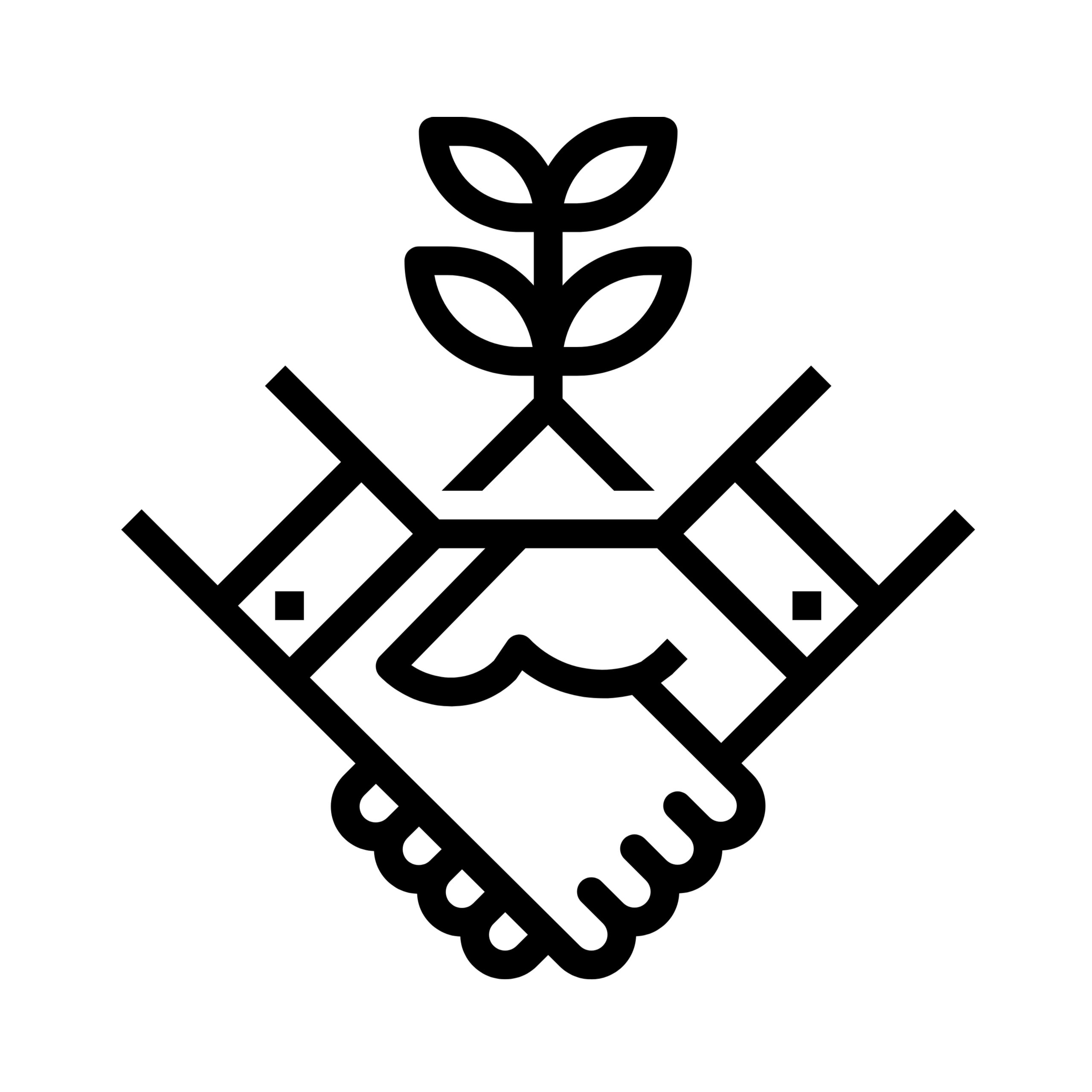 icon of a handshake, a plant sprouts from between the two hands