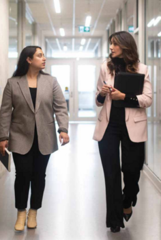 Two researchers walking down hallway
