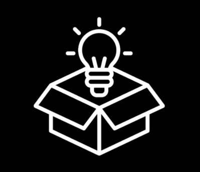 Icon of lightbulb rising out of a box - think outside the box