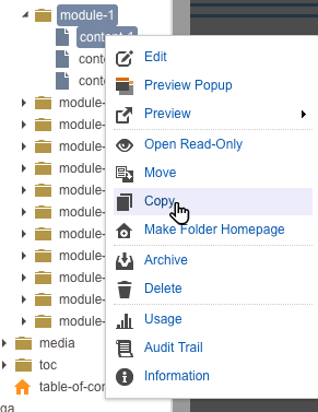folder drop-down menu with copy option