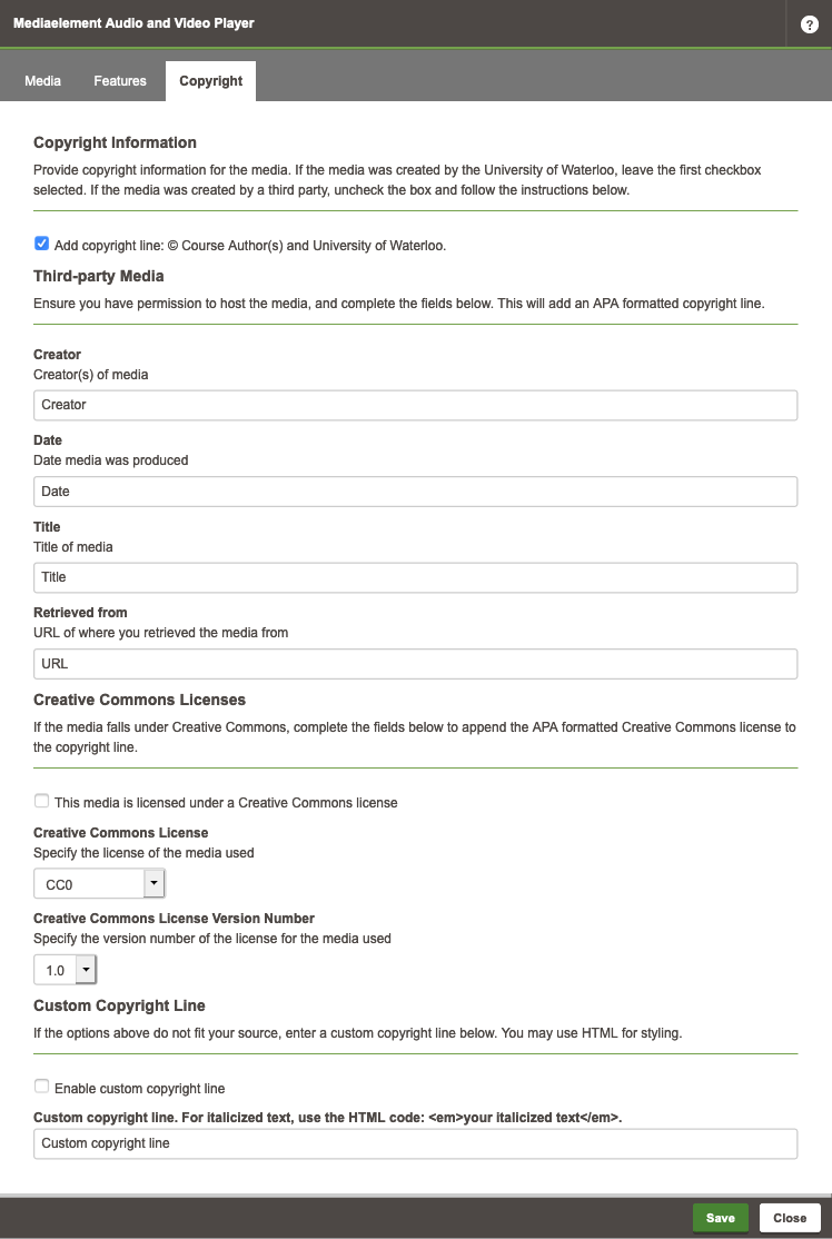 mediaelement copyright tab