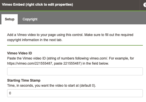 vimeo embed setup tab