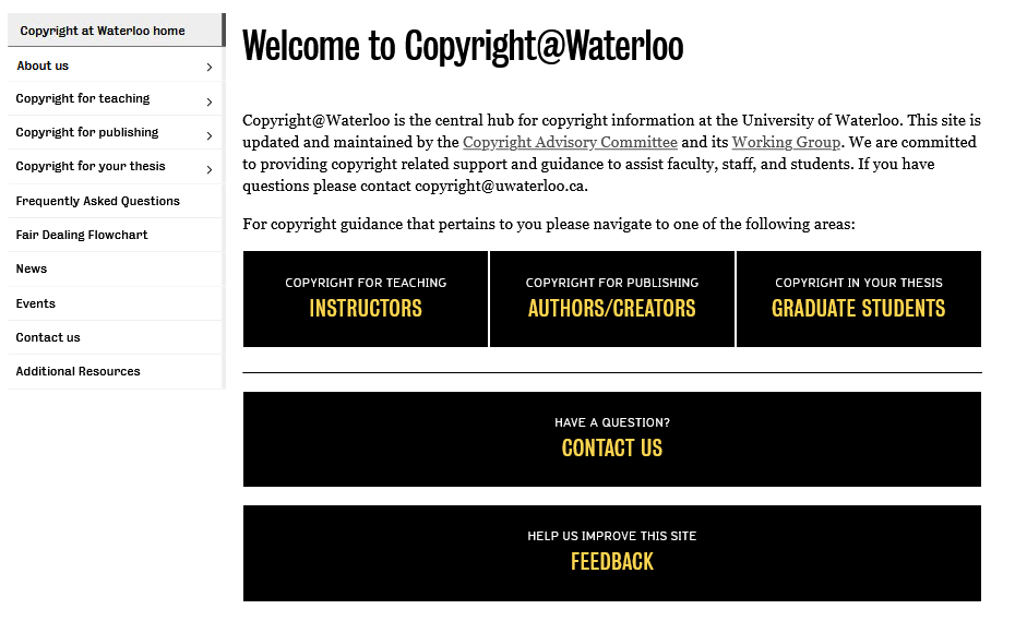 Screenshot of the new Copyright@Waterloo website homepgage. Three new call to action buttons have been added, one each for instructors, authors and graduate students. 