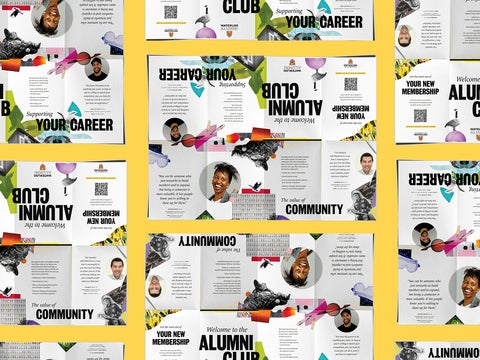 full foldout of alumni brochure content shown multiple times on yellow backgroudn
