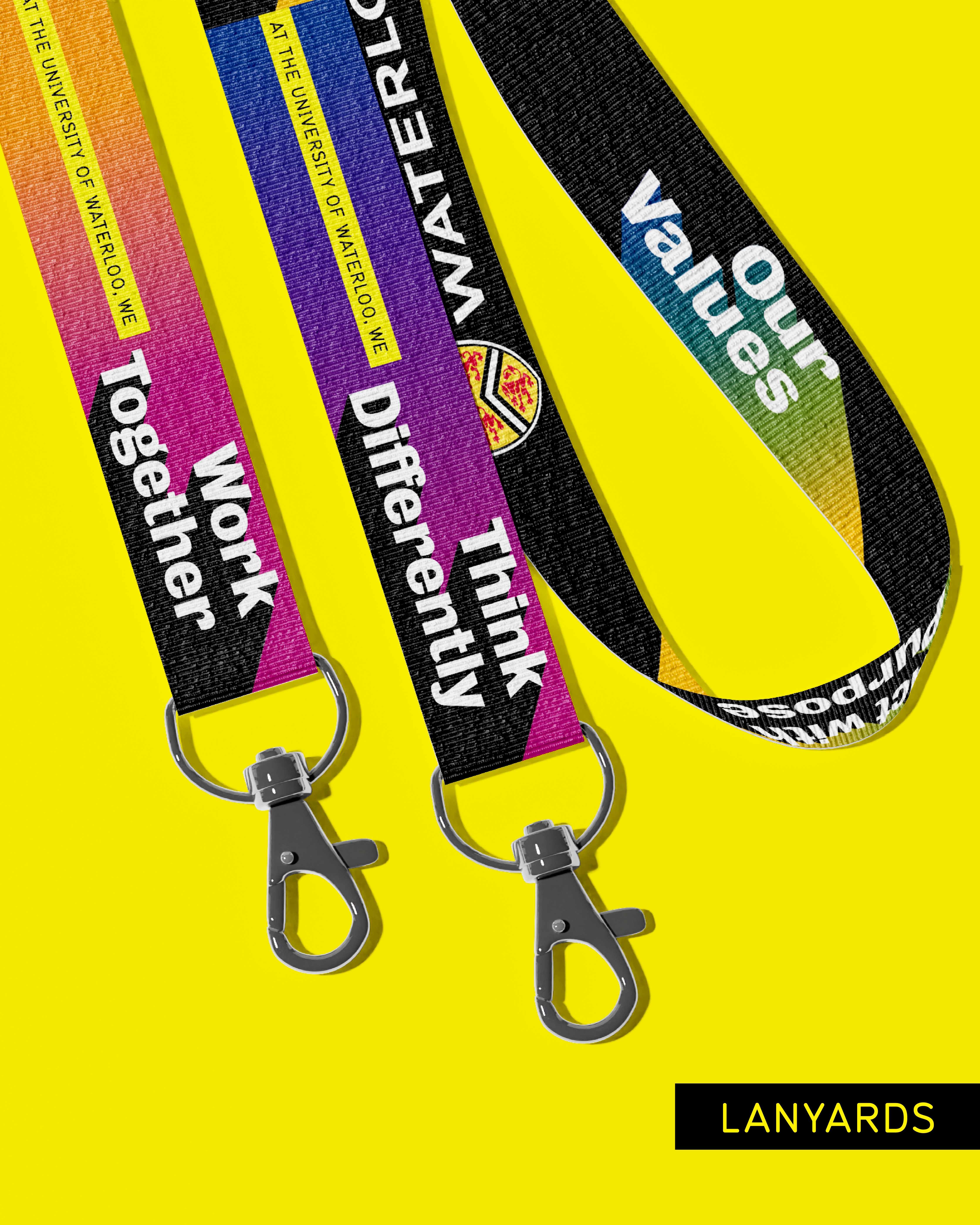 Branded lanyards laying on a flat surface.