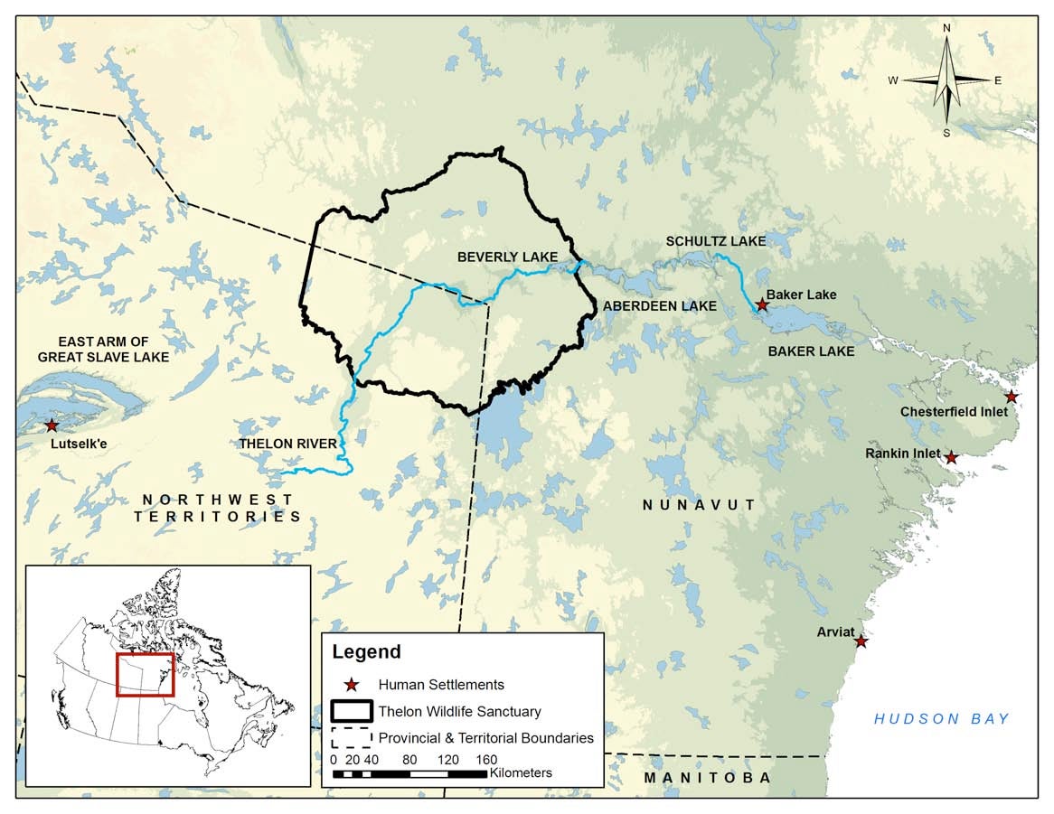 Map of Thelon River flowing from the Northwest Territories in the west to Baker Lake Nunavut in the east.