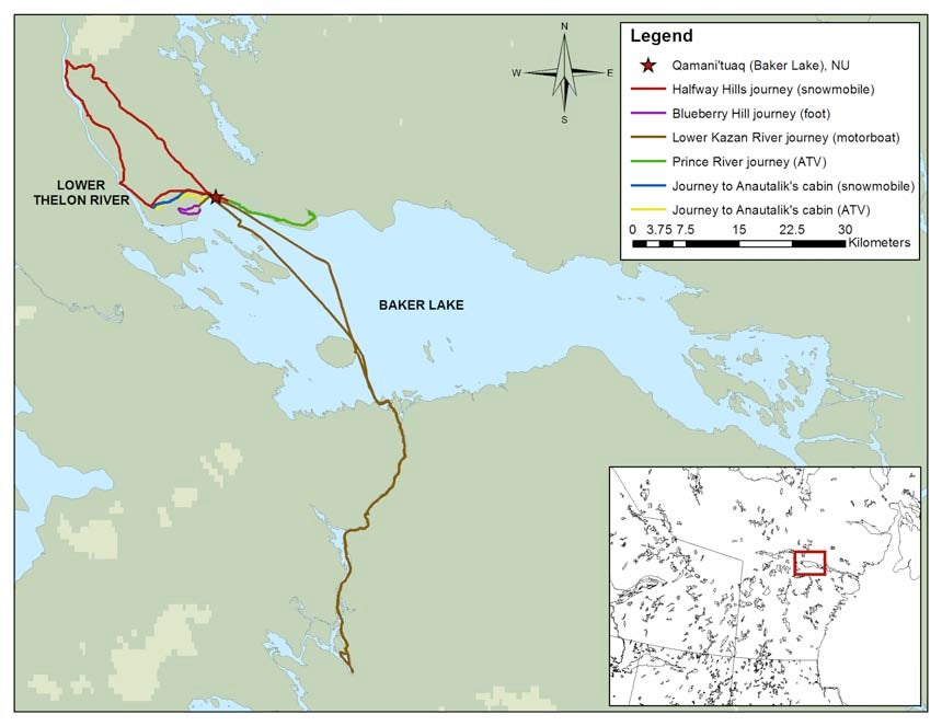Map of river trips route departing from Baker Lake.