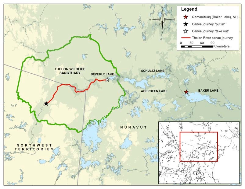Map showing the route of the Thelon Wildlife Sanctuary river trip from Northwest Territories through the sanctuary to Beverly Lake Nunavut.