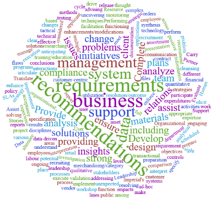 Financial planning  analysis job profiles word cloud. Main words include recommendations, requirements, business, management, system, support, problems, initiatives, issues, solutions, relations, and insights.
