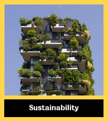 building with plants linking to sustainability webpage