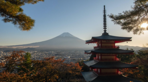 Photo of Japan with Mt Fuji and a temple