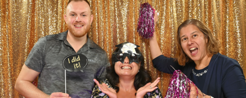 Student and supervisor in the photo booth at the PhD celebration