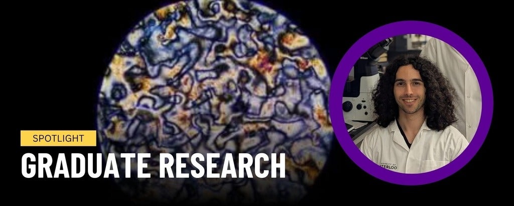 A headshot of graduate student Matthew Scarfo bordered with purple. In the background is a liquid crystal displayed through a microscope lens. Text over the image reads: "Spotlight: Graduate Research"