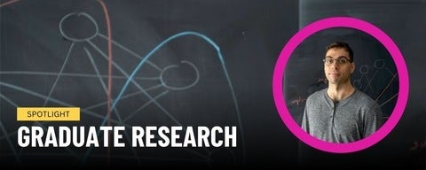 A collage featuring a headshot of Cameron Seth bordered in pink. Text along the bottom reads, "Spotlight: Graduate Research". The background is a photo of a chalkboard. 