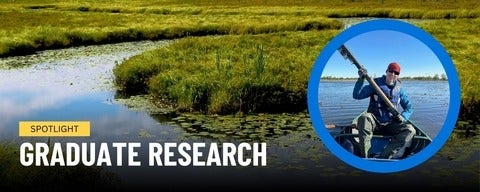 A collage that features a wetland in the background. There is a picture of Kayla Martin in a kayak bordered in blue on the right side of the collage. Text along the bottom reads, " Spotlight: Graduate Research"