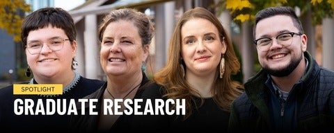 A collage featuring 4 Indigenous graduate students. Underneath the collage, the text reads, "Spotlight: Graduate Research"
