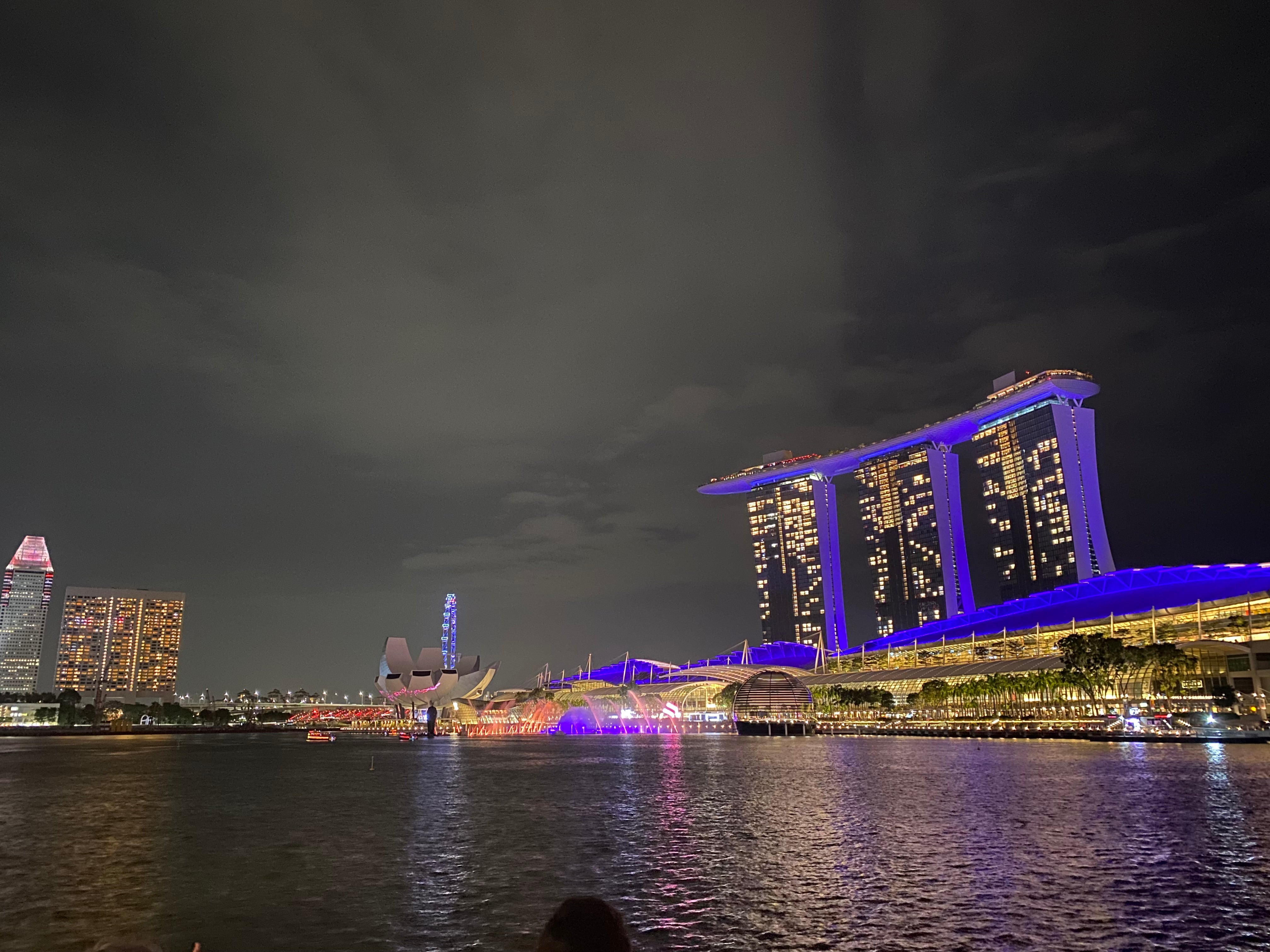 A body of water at night with a brightly lit skyline of a city in Singapore.