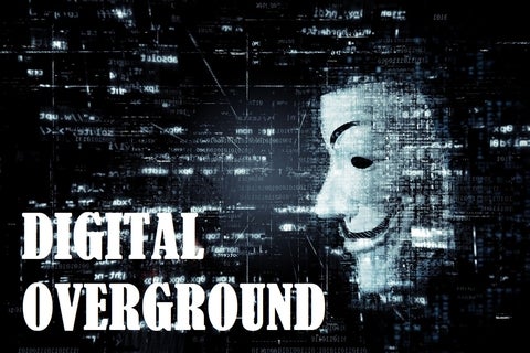 Anonymous mask over digital design with digital overground text