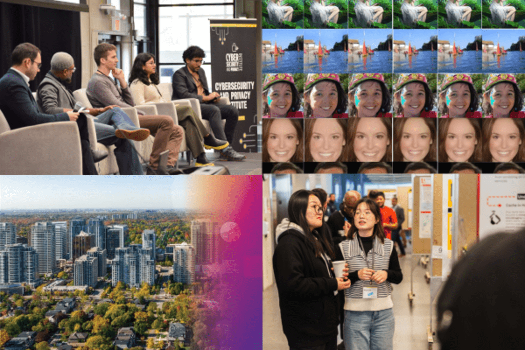 Four photos: Panelists seated at CPI's 7th annual conference, collage of faces of a woman, and boat on water. picture of a city, and students talking to each other