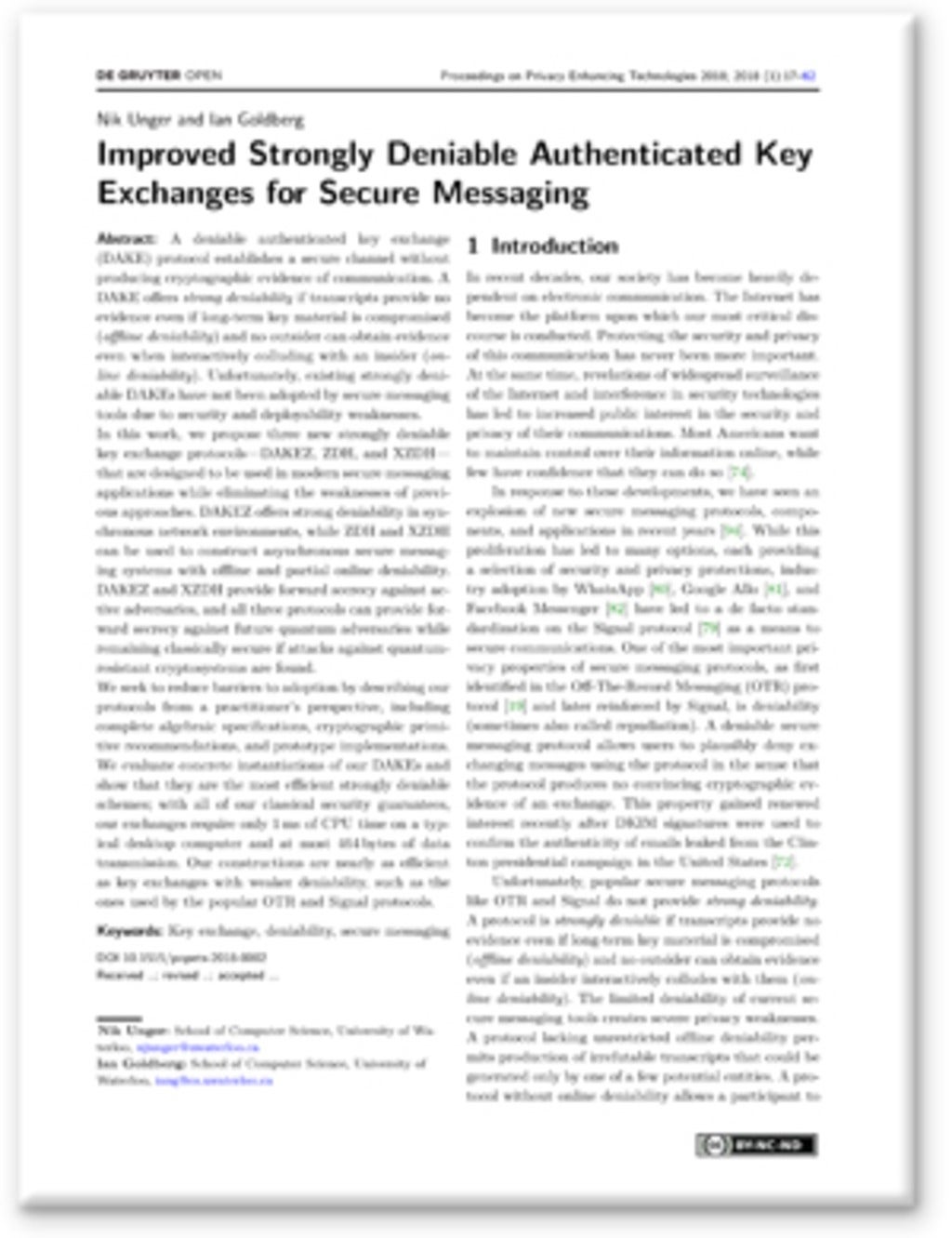 Screenshot of the paper: Improved Strongly Deniable Authenticated Key Exchanges for Secure Messaging