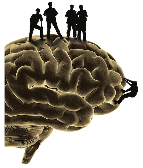 An illustration of a human brain with small human figures standing atop it.