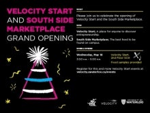 A promotional poster for the Velocity Start and South Side Marketplace.