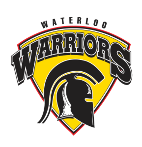 Warriors logo with the shield behind the helmet and a red outline.