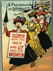 An illustration featuring caricatures of women suffragists.