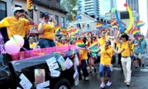 Waterloo's Pride Float and participants on parade.