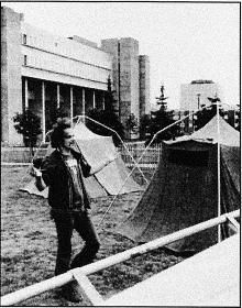 Andrew Telegdi and the Tent City outside the Campus Centre.