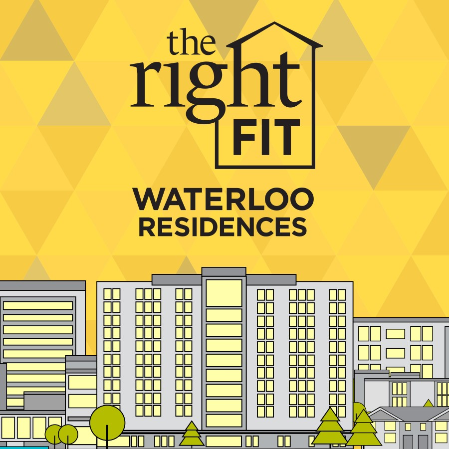 The Right Fit logo, showing illustrations of some of Waterloo Residences' facilities.