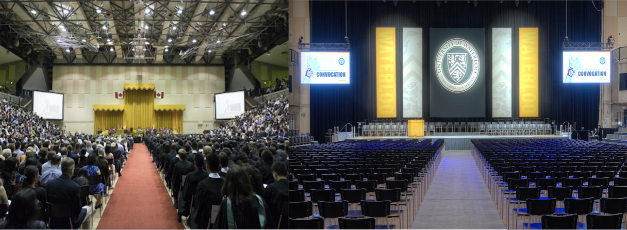 The old Convocation stage design contrasted with the new Convocation stage design in the Physical Activities Complex.