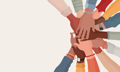An illustration of a diverse number of hands going in for a cheer.