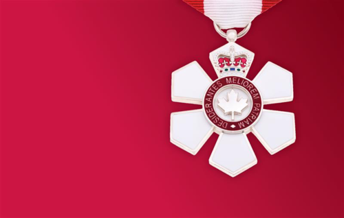 The insignia for the Member of the Order of Canada on a red background.