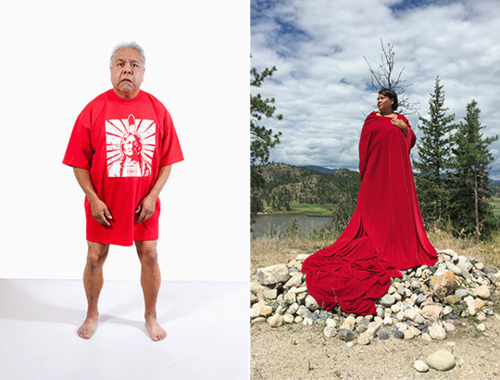 A collage of images from Sovereign Acts featuring Indigenous performers in red outfits.