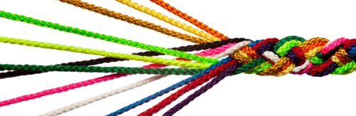 A multicoloured rope made up of several strands.