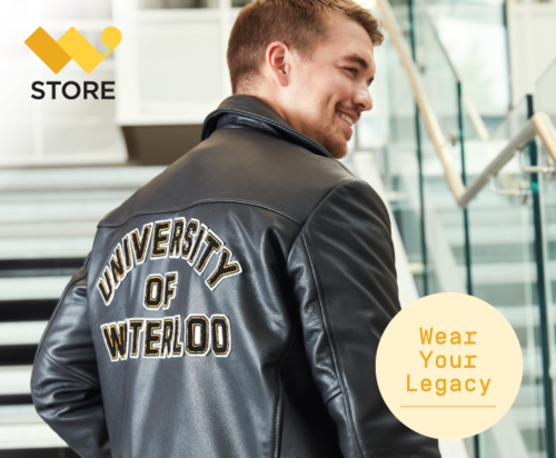 A man wears a University of Waterloo leather jacket.