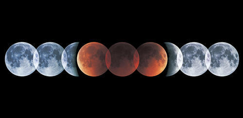 A timelapse photo showing the eclipse of the moon.