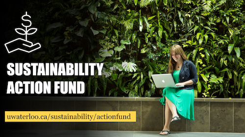 Sustainability Action Fund banner - a woman sits with a laptop in front of the Environment 3 living wall.